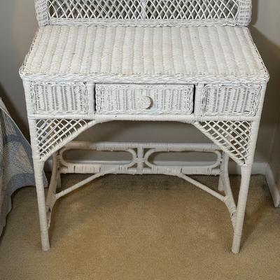 LOT 46B: White Wicker Vanity, Bench, Side Table & Basket Collection