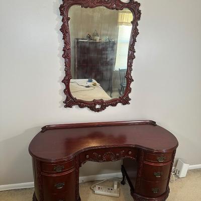 LOT 49C: Vintage Mahogany Vanity w/ French Louis XV Style Wall Mirror