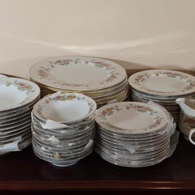 LOT 79: Set of Diplomat by Sango Cortina China Service for 12 Including Cream and Sugar, Gravy Boat, & Serving Platter and Bowl