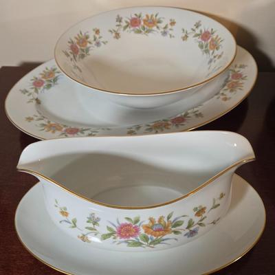 LOT 79: Set of Diplomat by Sango Cortina China Service for 12 Including Cream and Sugar, Gravy Boat, & Serving Platter and Bowl
