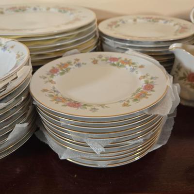 LOT 79: Set of Diplomat by Sango Cortina China Service for 12 Including Cream and Sugar, Gravy Boat, & Serving Platter and Bowl