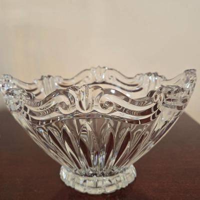 LOT 80L: Hand Wrought Aluminum Platter, Crystal Candy Dishes, Vase , & Candle Stick Holders, & Variety of Hurricane Candle Holders