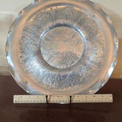 LOT 80L: Hand Wrought Aluminum Platter, Crystal Candy Dishes, Vase , & Candle Stick Holders, & Variety of Hurricane Candle Holders