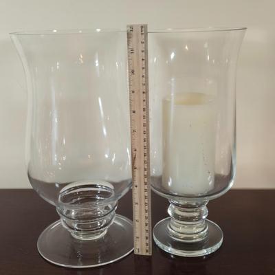 LOT 80L: Hand Wrought Aluminum Platter, Crystal Candy Dishes, Vase , & Candle Stick Holders, & Variety of Hurricane Candle Holders