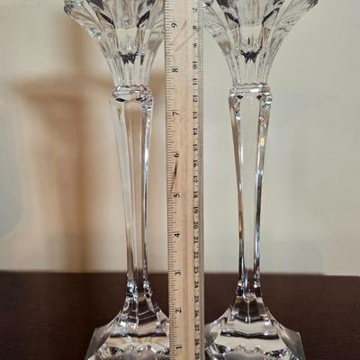 LOT 80L: Hand Wrought Aluminum Platter, Crystal Candy Dishes, Vase , & Candle Stick Holders, & Variety of Hurricane Candle Holders