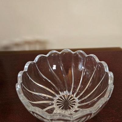 LOT 80L: Hand Wrought Aluminum Platter, Crystal Candy Dishes, Vase , & Candle Stick Holders, & Variety of Hurricane Candle Holders