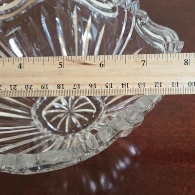 LOT 80L: Hand Wrought Aluminum Platter, Crystal Candy Dishes, Vase , & Candle Stick Holders, & Variety of Hurricane Candle Holders