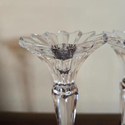 LOT 80L: Hand Wrought Aluminum Platter, Crystal Candy Dishes, Vase , & Candle Stick Holders, & Variety of Hurricane Candle Holders