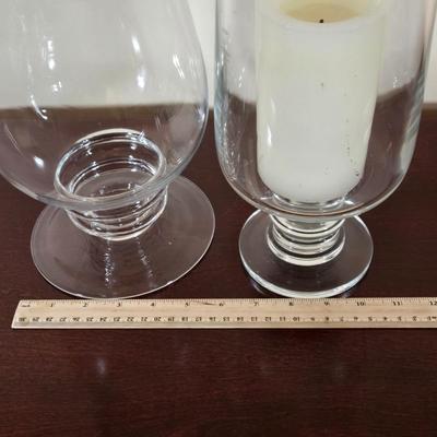 LOT 80L: Hand Wrought Aluminum Platter, Crystal Candy Dishes, Vase , & Candle Stick Holders, & Variety of Hurricane Candle Holders