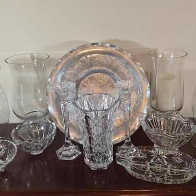 LOT 80L: Hand Wrought Aluminum Platter, Crystal Candy Dishes, Vase , & Candle Stick Holders, & Variety of Hurricane Candle Holders