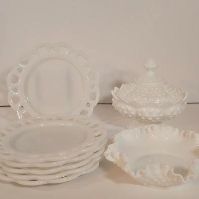 LOT 87L: Six Hazel Atlas White Milk Glass Open Lace Edge Salad Plates, Hobnail Milk Glass Candy Dish with Lid, & Hobnail Milk Glass...