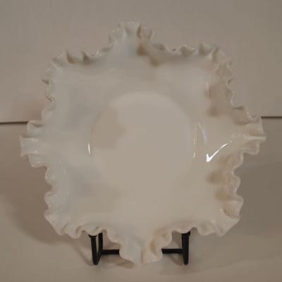 LOT 87L: Six Hazel Atlas White Milk Glass Open Lace Edge Salad Plates, Hobnail Milk Glass Candy Dish with Lid, & Hobnail Milk Glass...