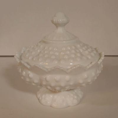 LOT 87L: Six Hazel Atlas White Milk Glass Open Lace Edge Salad Plates, Hobnail Milk Glass Candy Dish with Lid, & Hobnail Milk Glass...