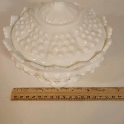 LOT 87L: Six Hazel Atlas White Milk Glass Open Lace Edge Salad Plates, Hobnail Milk Glass Candy Dish with Lid, & Hobnail Milk Glass...