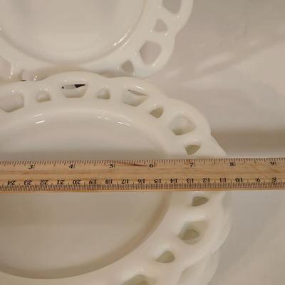 LOT 87L: Six Hazel Atlas White Milk Glass Open Lace Edge Salad Plates, Hobnail Milk Glass Candy Dish with Lid, & Hobnail Milk Glass...