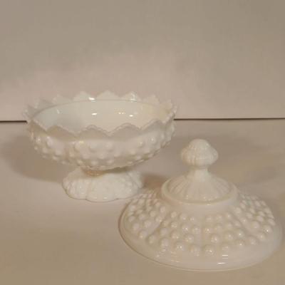 LOT 87L: Six Hazel Atlas White Milk Glass Open Lace Edge Salad Plates, Hobnail Milk Glass Candy Dish with Lid, & Hobnail Milk Glass...