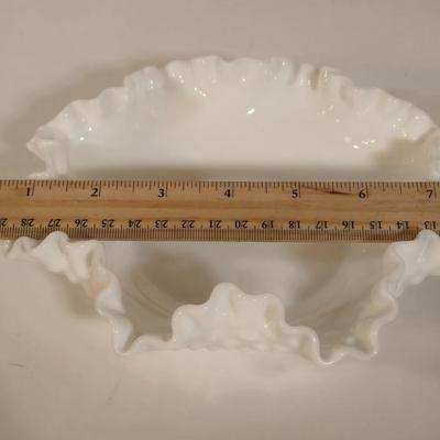 LOT 87L: Six Hazel Atlas White Milk Glass Open Lace Edge Salad Plates, Hobnail Milk Glass Candy Dish with Lid, & Hobnail Milk Glass...