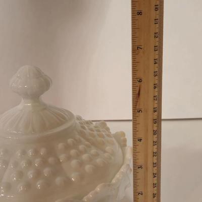 LOT 87L: Six Hazel Atlas White Milk Glass Open Lace Edge Salad Plates, Hobnail Milk Glass Candy Dish with Lid, & Hobnail Milk Glass...