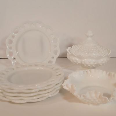 LOT 87L: Six Hazel Atlas White Milk Glass Open Lace Edge Salad Plates, Hobnail Milk Glass Candy Dish with Lid, & Hobnail Milk Glass...