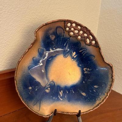 8in Swan Valley Copper and Enamel Dish with Metal Easel