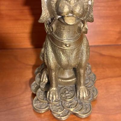 Golden Chinese Good Luck Zodiac Coin Dog Statue - 5.1/2in Tall