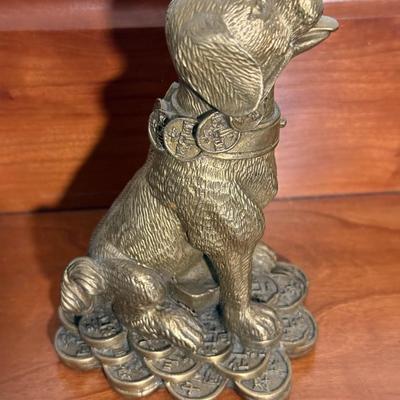 Golden Chinese Good Luck Zodiac Coin Dog Statue - 5.1/2in Tall