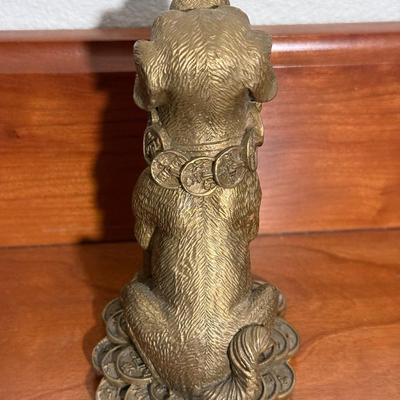 Golden Chinese Good Luck Zodiac Coin Dog Statue - 5.1/2in Tall