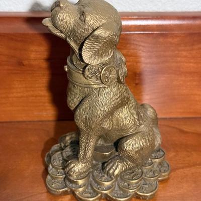 Golden Chinese Good Luck Zodiac Coin Dog Statue - 5.1/2in Tall
