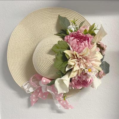 Beautiful Spring Hat Wreath with Shades of Cream, Pink and Green Floral