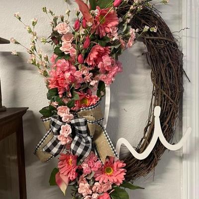 Hi Wreath with pink floral and black and white check ribbons