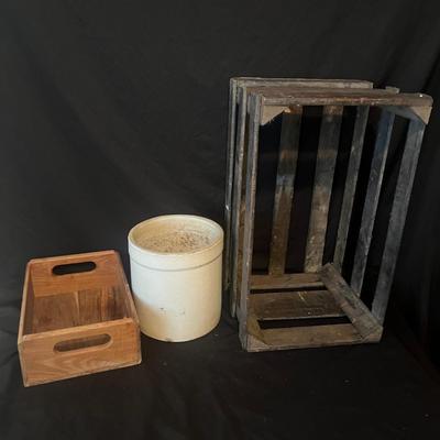Stoneware Crock & Two Wooden Boxes (L-MG)