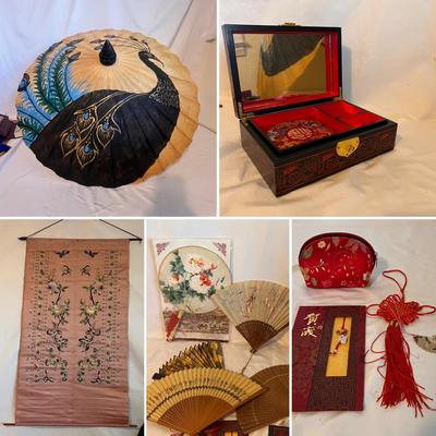 Peacock Parasol, Silk Wall Hanging & More Asian Decorative Items (B1-RG)