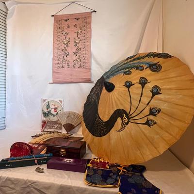 Peacock Parasol, Silk Wall Hanging & More Asian Decorative Items (B1-RG)