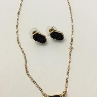 Gold toned & jet black druzzy pendant and stud earings