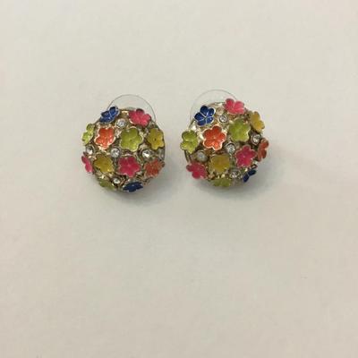 Silver, toned, multicolored, flower, circular stud earrings