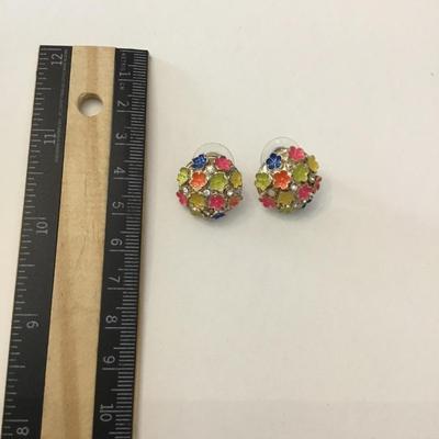 Silver, toned, multicolored, flower, circular stud earrings