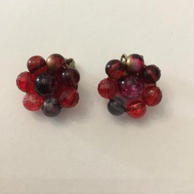 Vintage cranberry red beaded flower clip on earrings