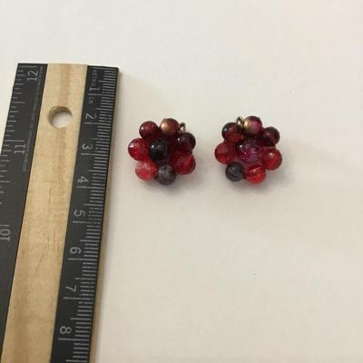 Vintage cranberry red beaded flower clip on earrings