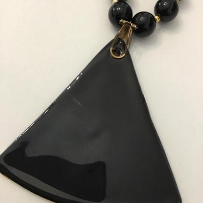 Vintage black beaded necklace with triangle, ceramic gold gilding pendant