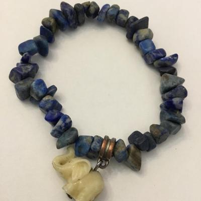 Vintage Lapis Lazuli stone stretch bracelet & new jade elephant carved pendant