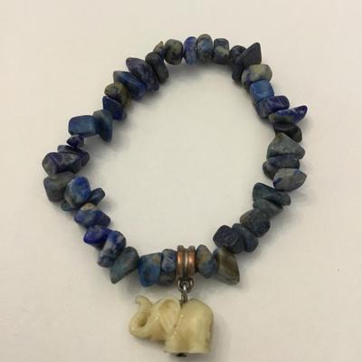 Vintage Lapis Lazuli stone stretch bracelet & new jade elephant carved pendant