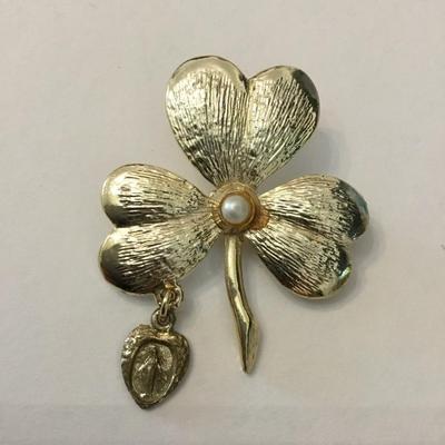 Vintage clover, religious medallion, goldtone brooch