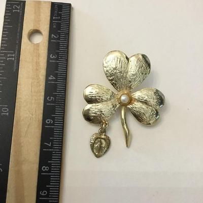 Vintage clover, religious medallion, goldtone brooch
