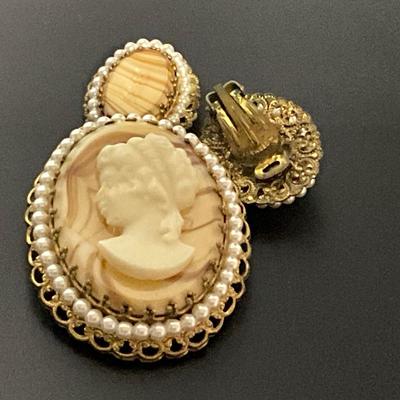 Ivory Cameo on Agate Pin with Clip Earrings