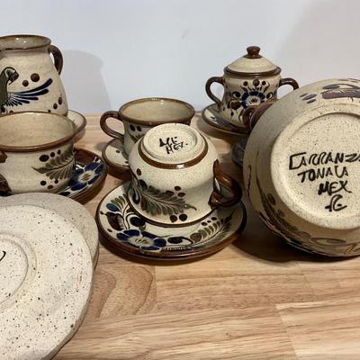 Tonala Mex Pottery Sandstone Teapot, Set, 4 coffee cups w/saucers, cream/sugar w/saucers, 2 Ashtrays
