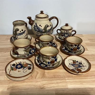 Tonala Mex Pottery Sandstone Teapot, Set, 4 coffee cups w/saucers, cream/sugar w/saucers, 2 Ashtrays