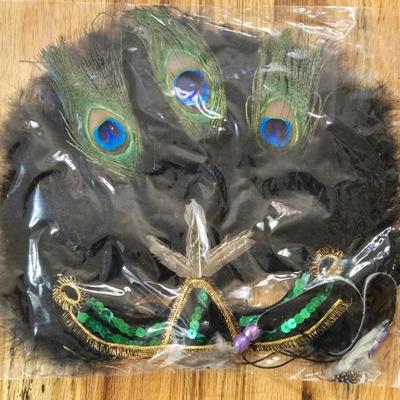 (2) Peacock Feather Masks and (1) Peacock Feather Fan