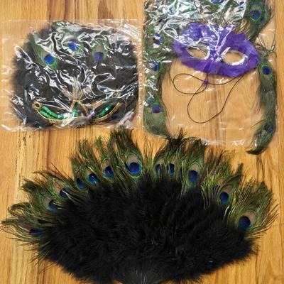 (2) Peacock Feather Masks and (1) Peacock Feather Fan