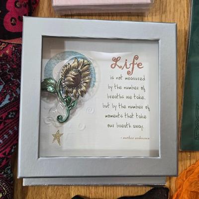 Ladies Lot - Scarves, New Photo Necklace, New Sunflower Brooch, New Irish Hankerchief