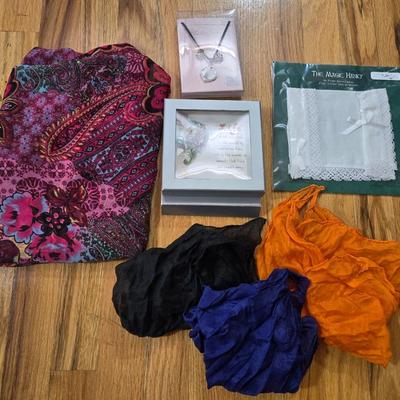 Ladies Lot - Scarves, New Photo Necklace, New Sunflower Brooch, New Irish Hankerchief